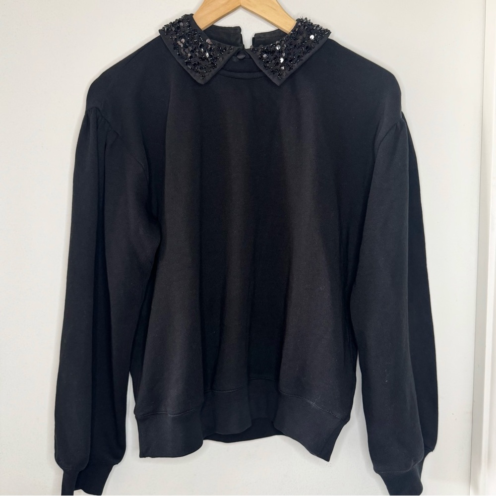 J Crew Black Sequin embellished Collar Sweatshirt Women’s X Small 4 Glam preppy